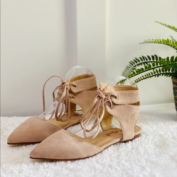 FSJ Shoes - Suede Pointed Toe Lace-up Strappy Slingback Flats